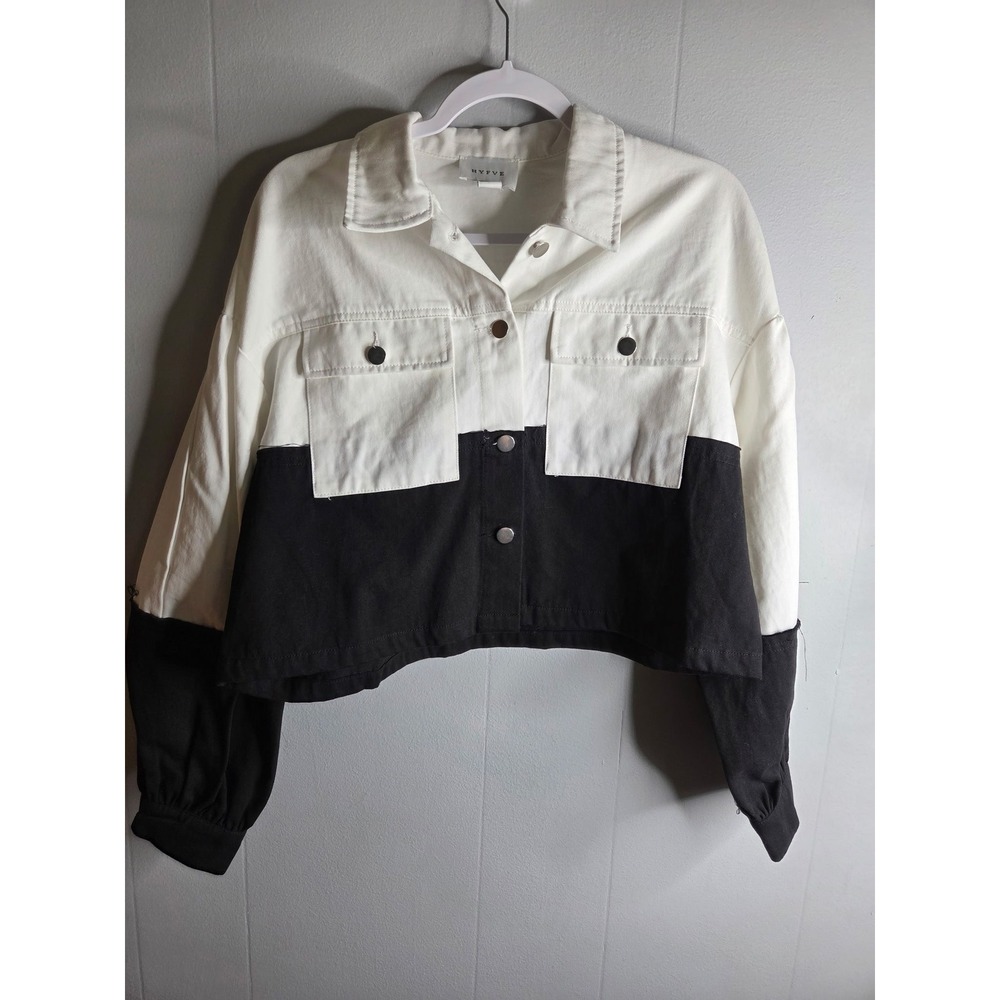 Hyfve Womens Colorblock Cropped Denim Jacket Black White Two Tone Size M